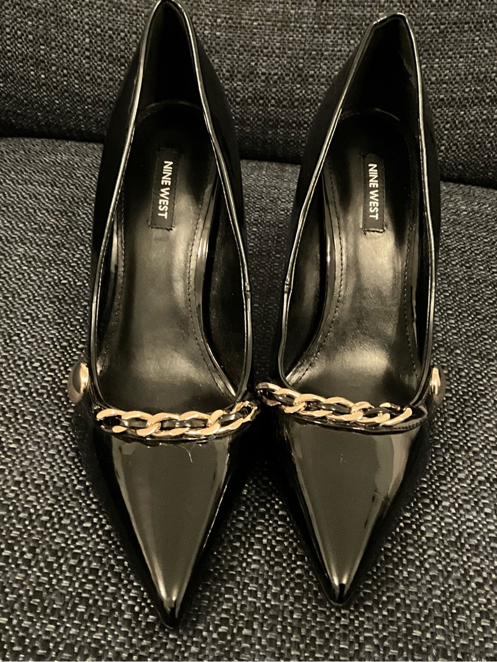 Nine West Black Patent Pointed Pumps with Gold Chain Accent